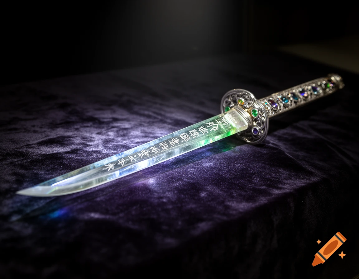 A glowing crystal katana with intricate jeweled hilt rests on dark velvet.