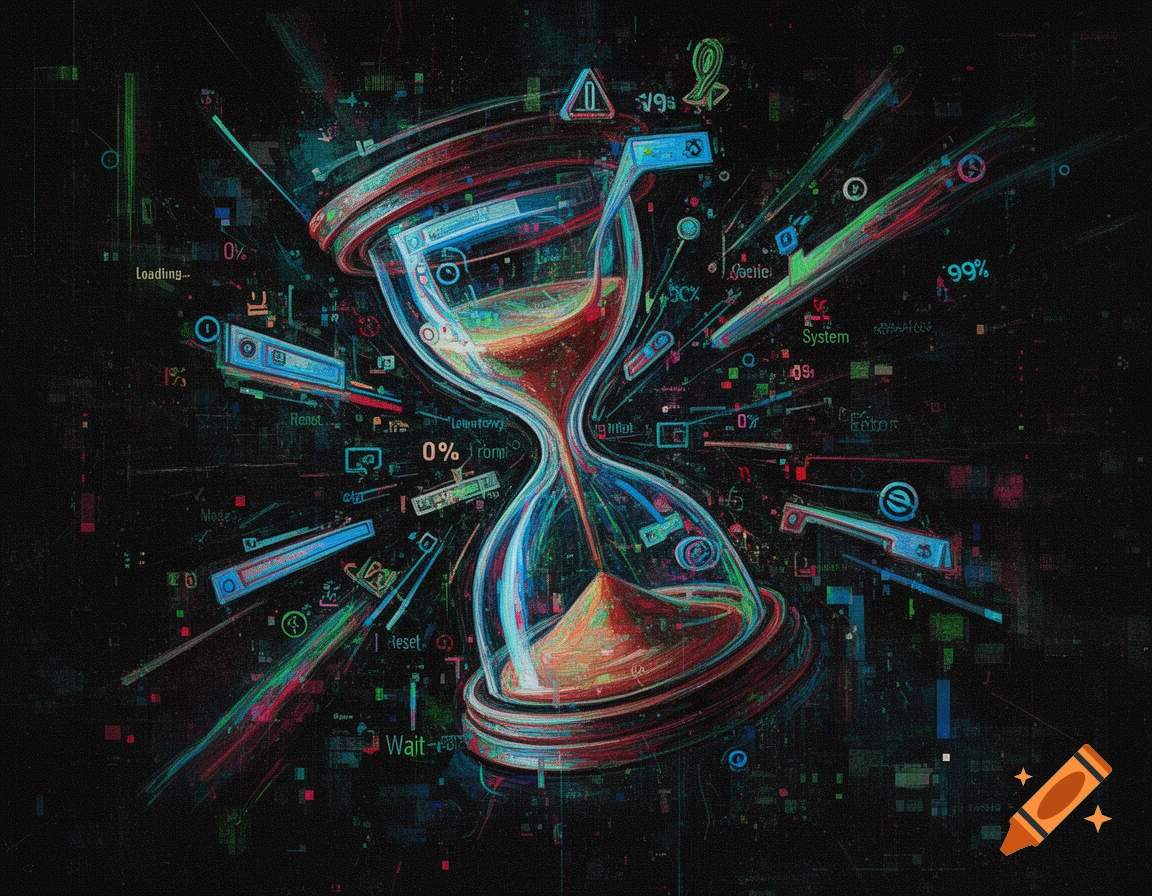 A glitchy, abstract digital art image of an hourglass with warped glass and sand turning into streaks, surrounded by neon blue, red, and green digital noise and fragmented text like "Loading..." and "99%" on a black background.