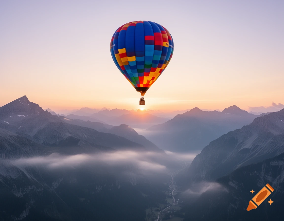 A colorful hot air balloon floats over misty mountains with a sunset on the horizon, photorealistic.