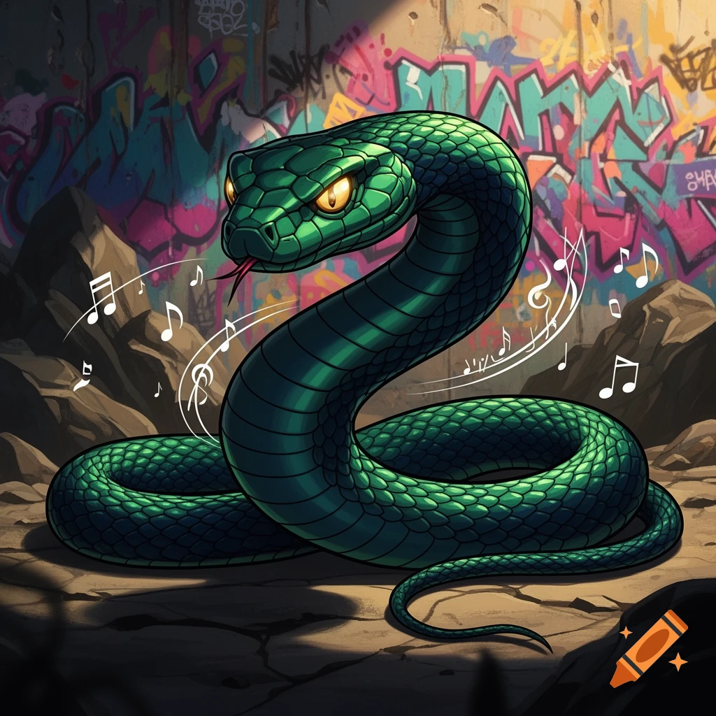 A vibrant green animated snake with yellow eyes coils on rocks before a colorful graffiti wall, surrounded by music notes.