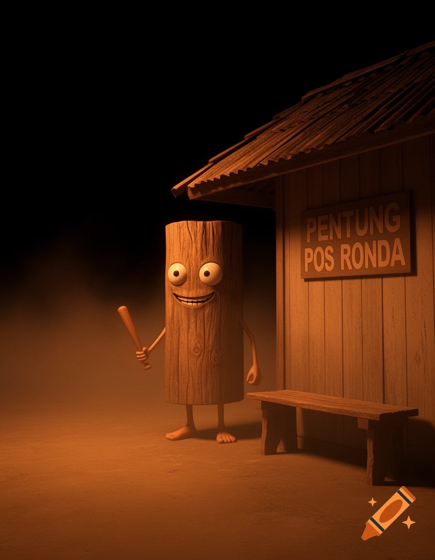 A smiling, barefoot wooden log character with big eyes and tiny limbs holds a bat, standing next to a wooden guard post with a 'PENTUNG POS RONDA' sign, rendered in a warm, foggy 3D style.