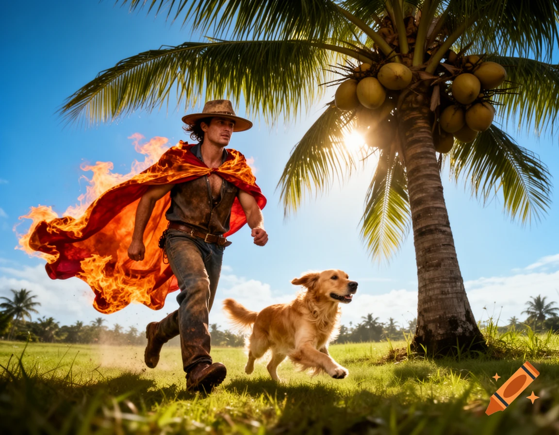A man in a fiery cape and hat runs with a golden retriever past a coconut palm tree in a sunlit grassy field.