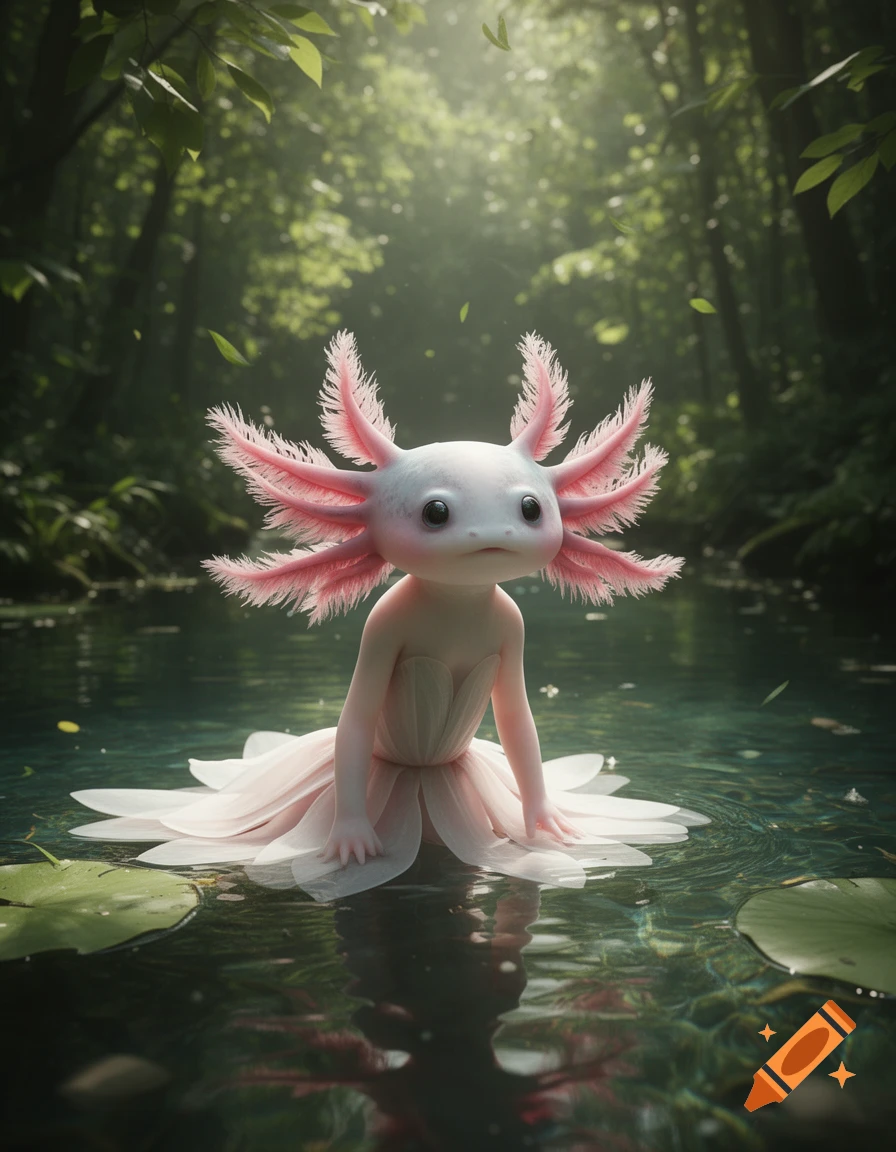 A cute, humanoid axolotl in a white dress sits in a sunlit forest pond with lily pads.