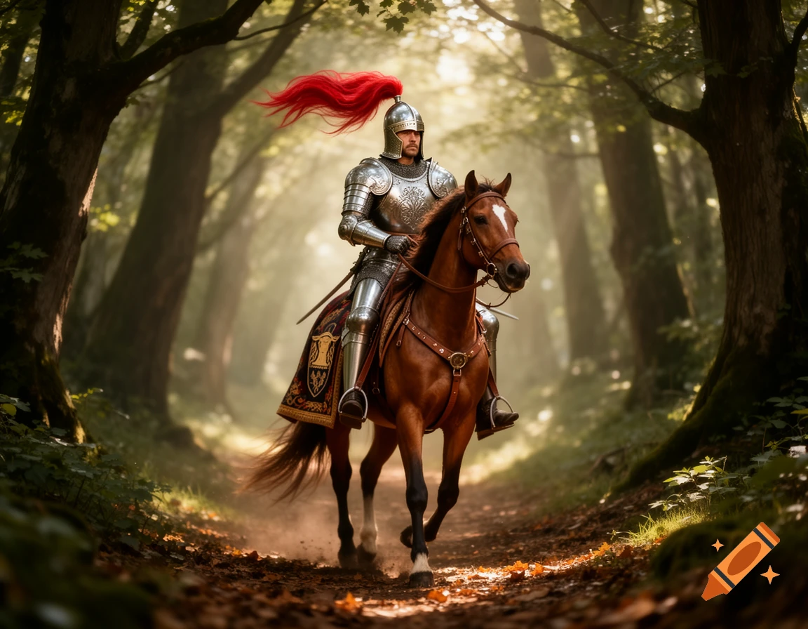 A knight in shining armor with a red plume rides a brown horse down a sun-dappled forest path.