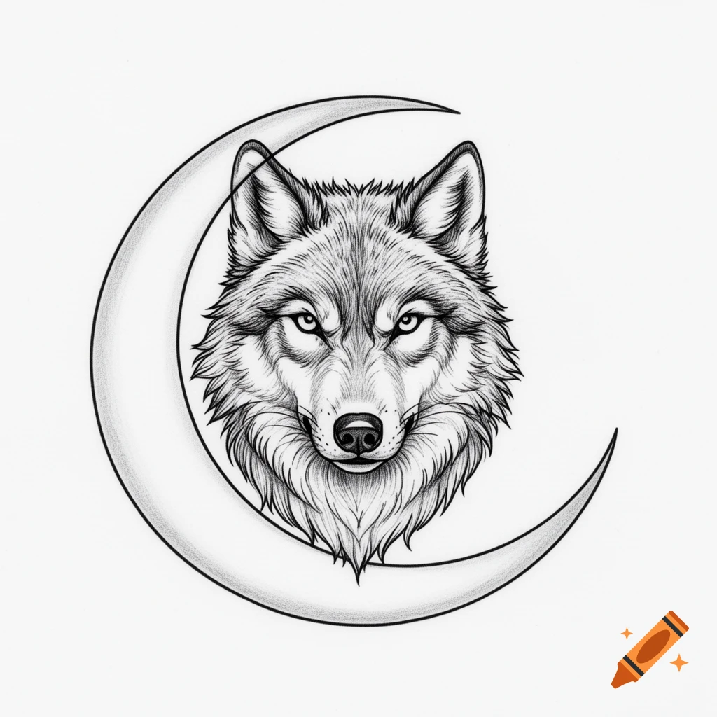 Fine line tattoo style drawing of a wolf's head in front of a crescent moon.