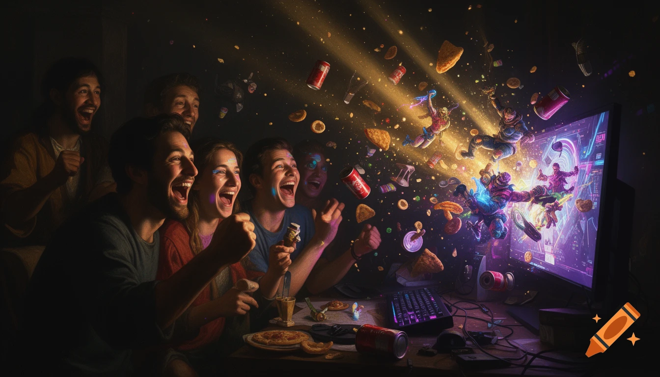 Ecstatic friends celebrate a video game victory as characters, snacks, and soda explode from the monitor in a dramatic, cyberpunk-inspired scene.