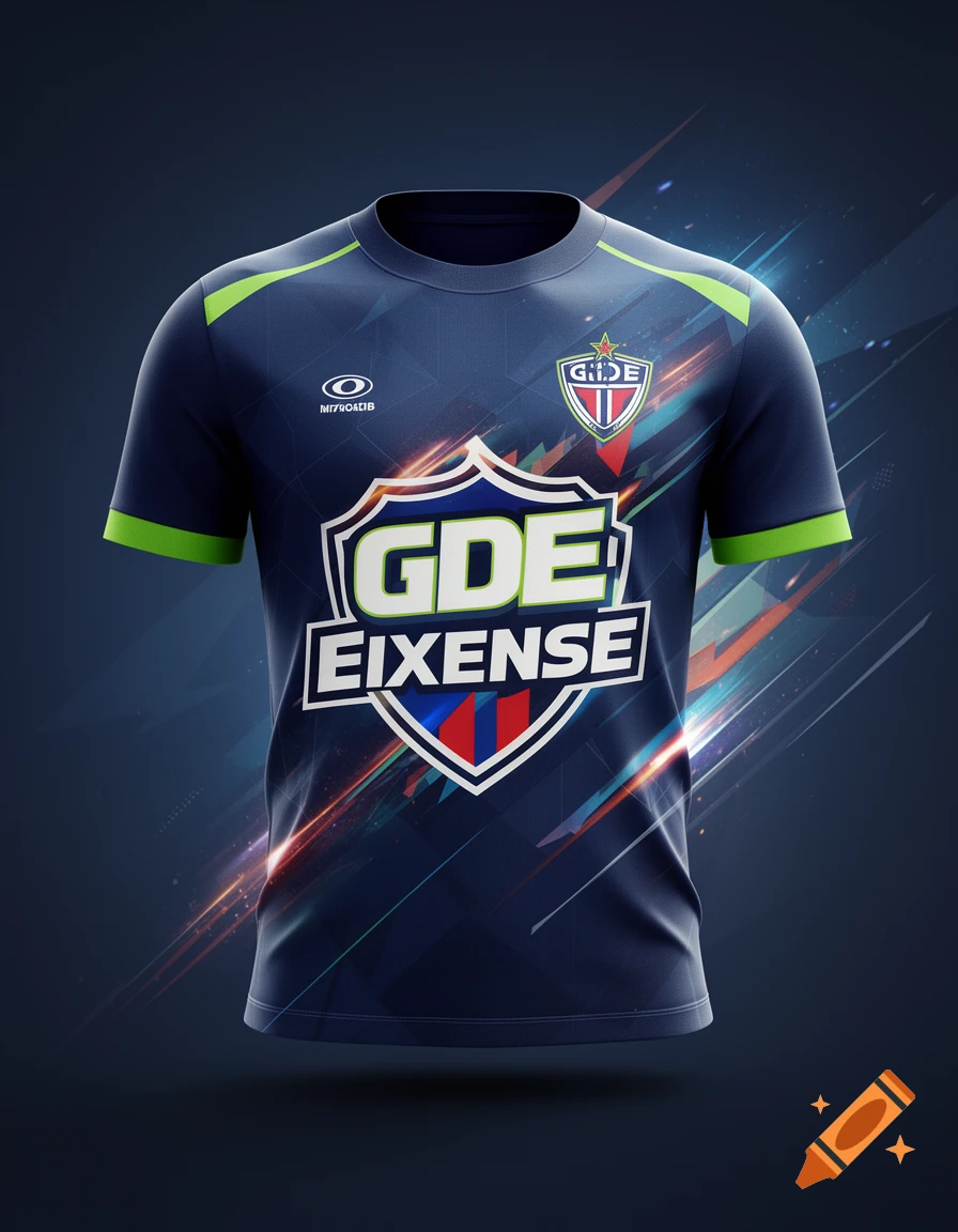 A dark blue football jersey with green accents, featuring 'GDE EIXENSE' on a white and red emblem, floating against a dark background.