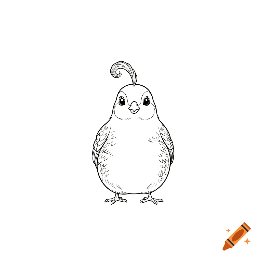 A black and white line drawing of a cute, plump quail with a curly topknot, facing forward.