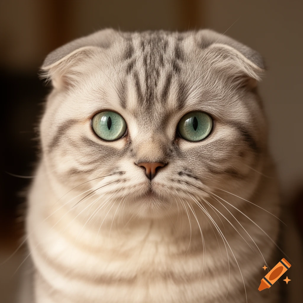 Close-up portrait of a Scottish Fold cat with striking green eyes and tabby markings.
