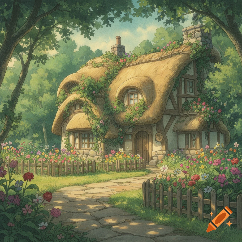A whimsical thatched-roof cottage covered in vines and flowers, nestled in a lush green forest, in Studio Ghibli art style.