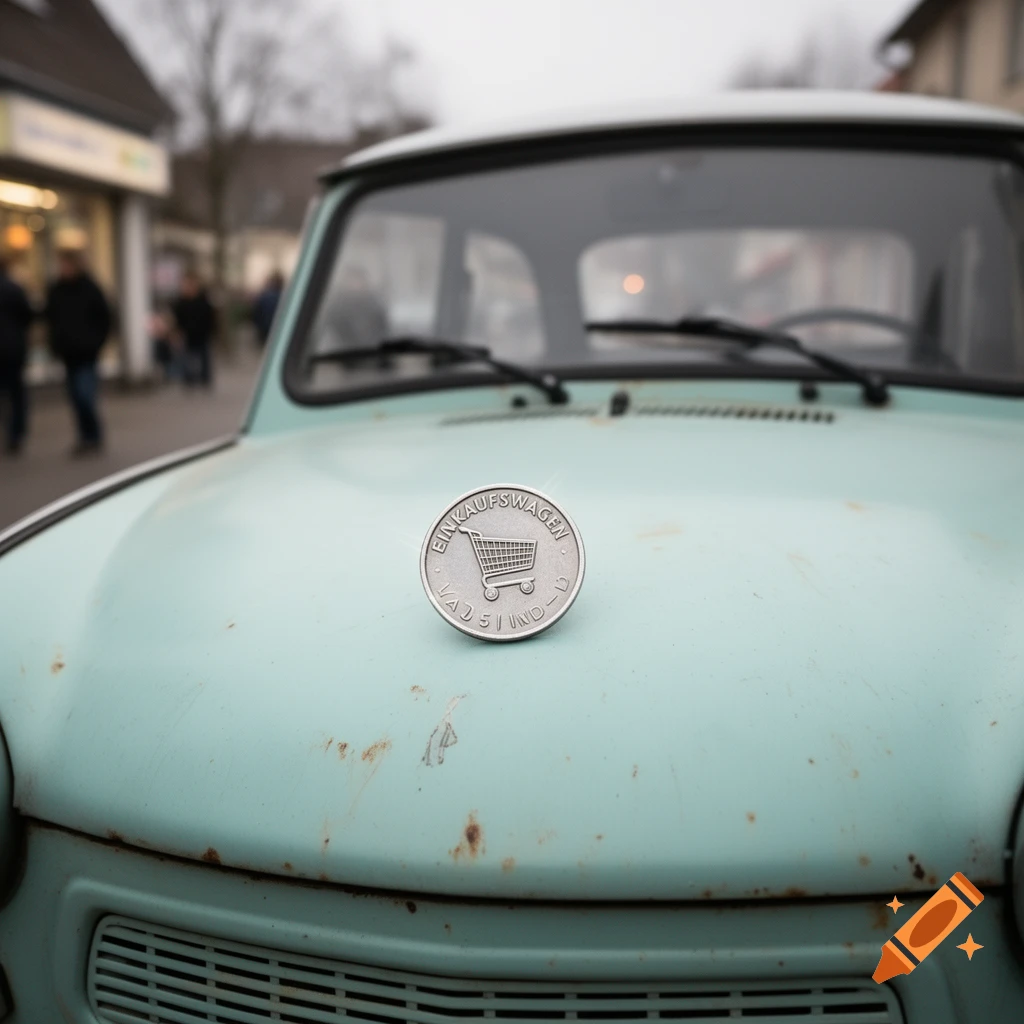 A shopping cart token resting on the rusty, light blue hood of a vintage Trabant car, with a blurred street scene in the background.