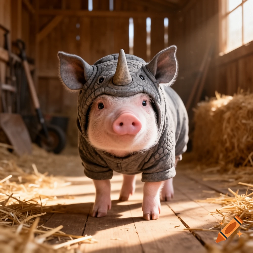 A photorealistic close-up of a cute pink piglet wearing a gray rhino costume, standing in a sunny wooden barn with straw.