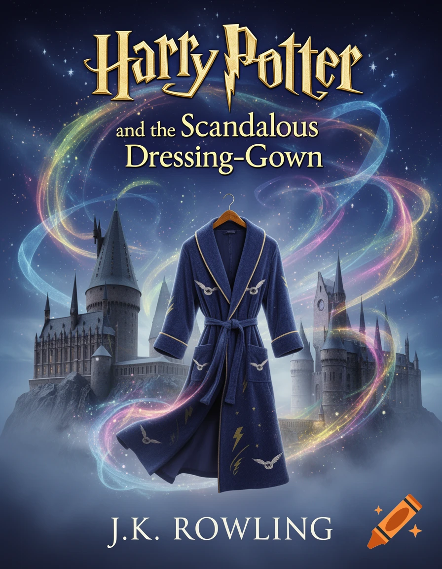 A fantasy book cover for 'Harry Potter and the Scandalous Dressing-Gown' featuring Hogwarts castle, a blue magical robe, and colorful swirling lights under a starry sky.