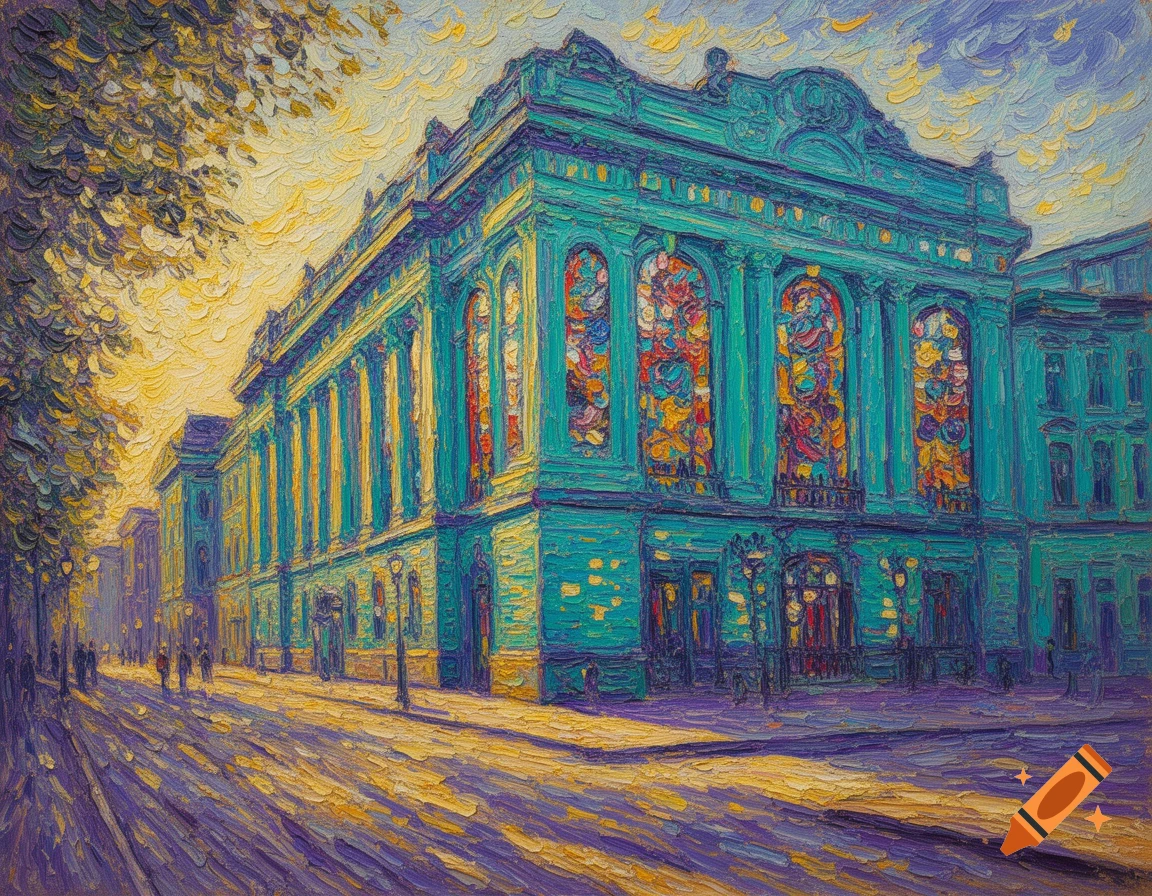 A vibrant post-impressionist painting of a grand teal building along a city street under a yellow sky.