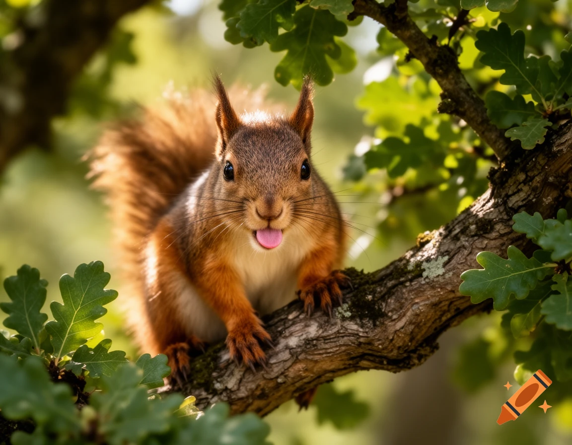 A cute red squirrel with its tongue sticking out, perched on an oak tree branch amidst green leaves, bathed in warm sunlight.