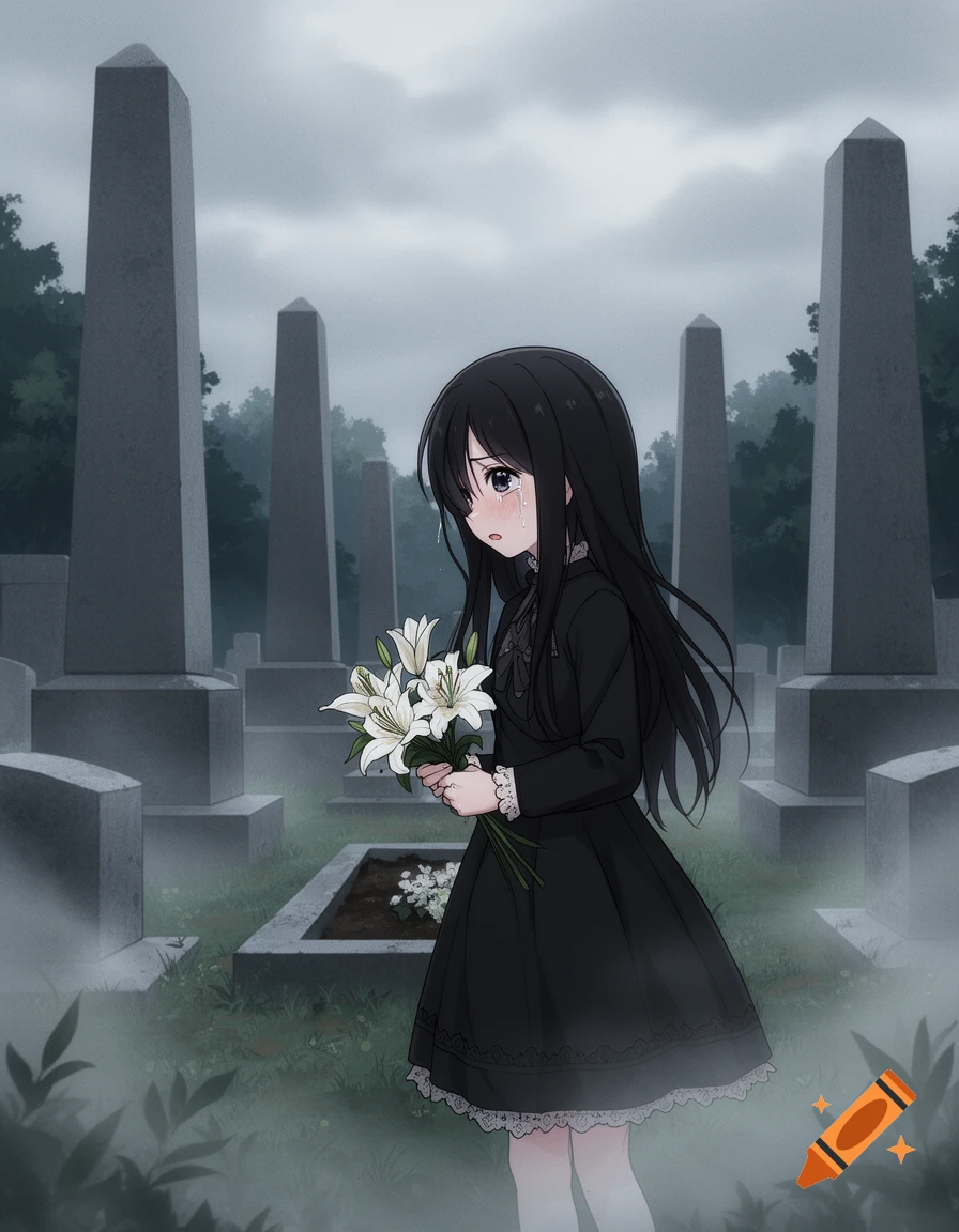 Anime girl crying in a cemetery, holding white lilies.