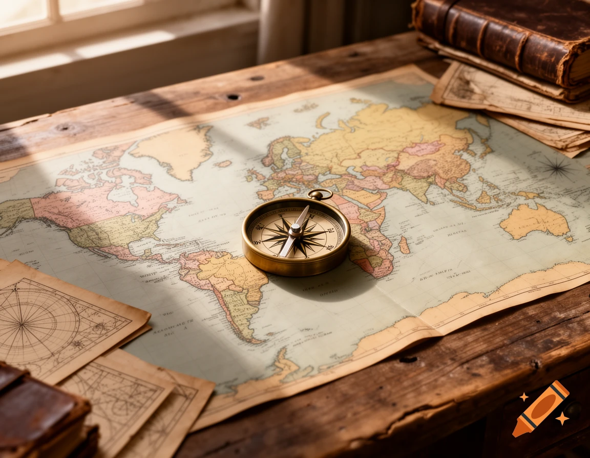 An antique world map with a brass compass resting at its center, surrounded by old books and papers on a rustic wooden table, bathed in warm sunlight.