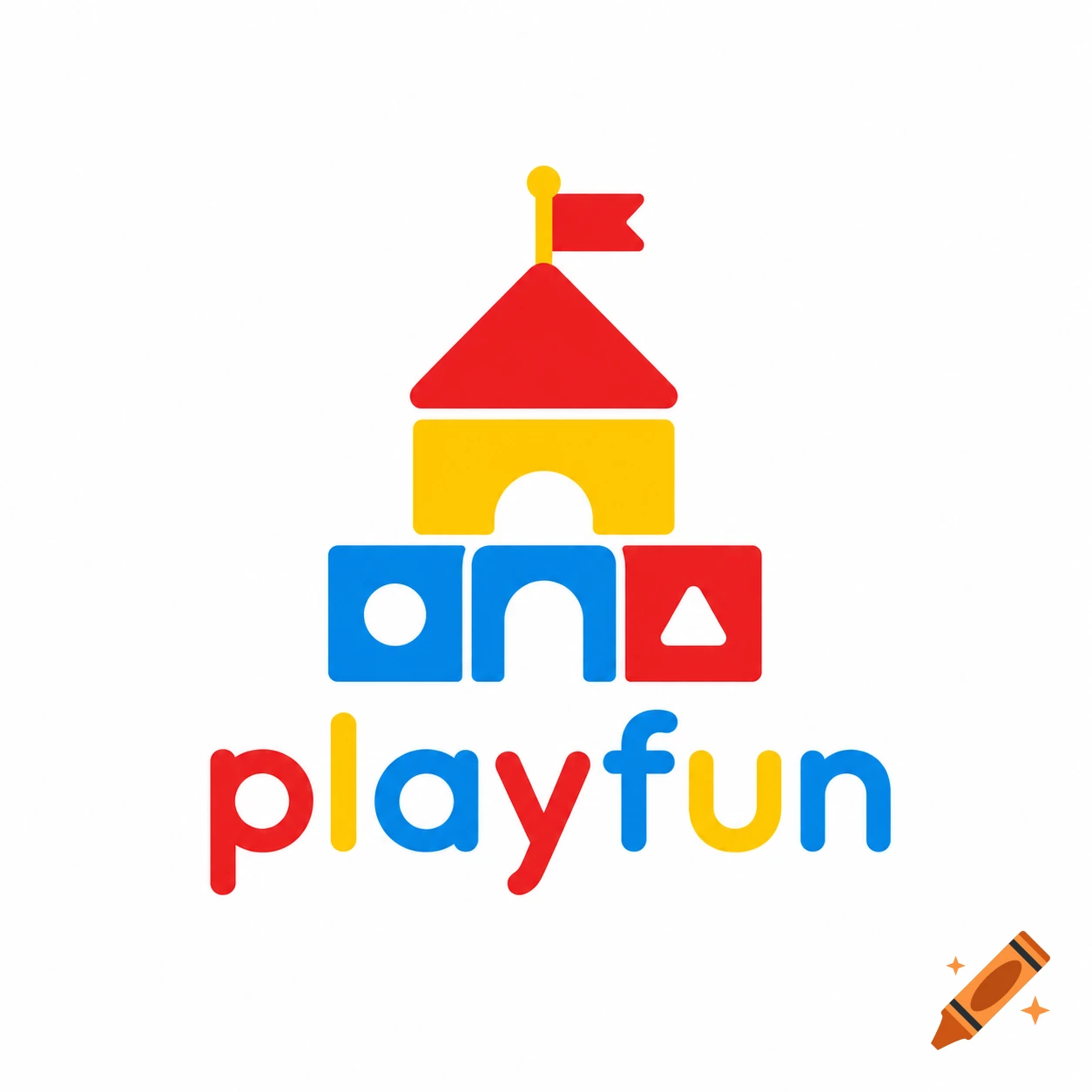 Minimalistic logo with colorful toy blocks forming a castle shape and the word 'playfun' in red, yellow, and blue.