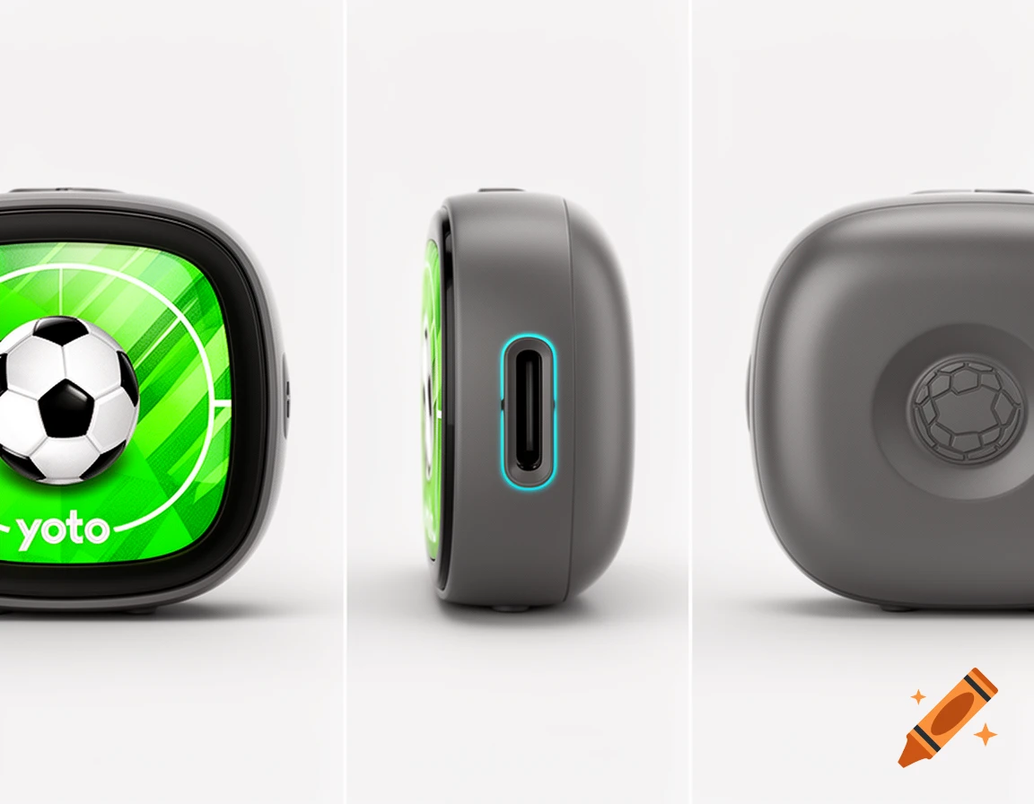 Three photorealistic views of a dark gray Yoto player with a soccer ball on its screen, showcasing the front, side with NFC slot, and back.