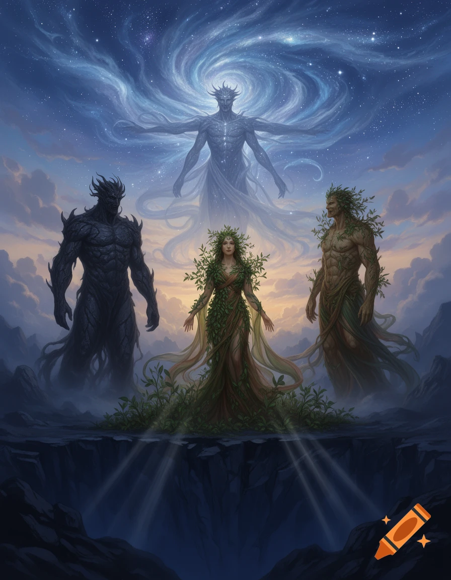 A cosmic entity above a leafy woman flanked by two elemental men on a cliff, under a swirling starry sky in detailed fantasy art.