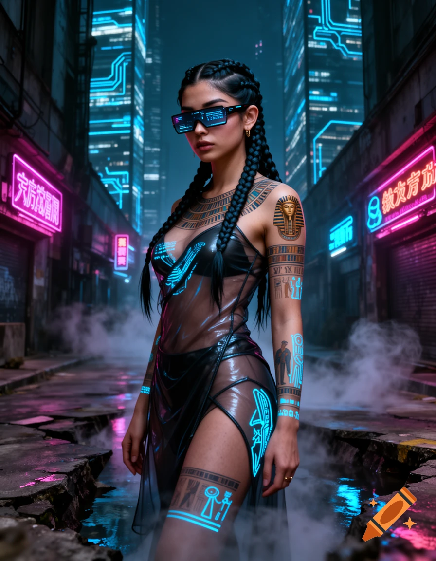 A cyberpunk woman with Egyptian tattoos and futuristic glasses in a neon-lit alley.