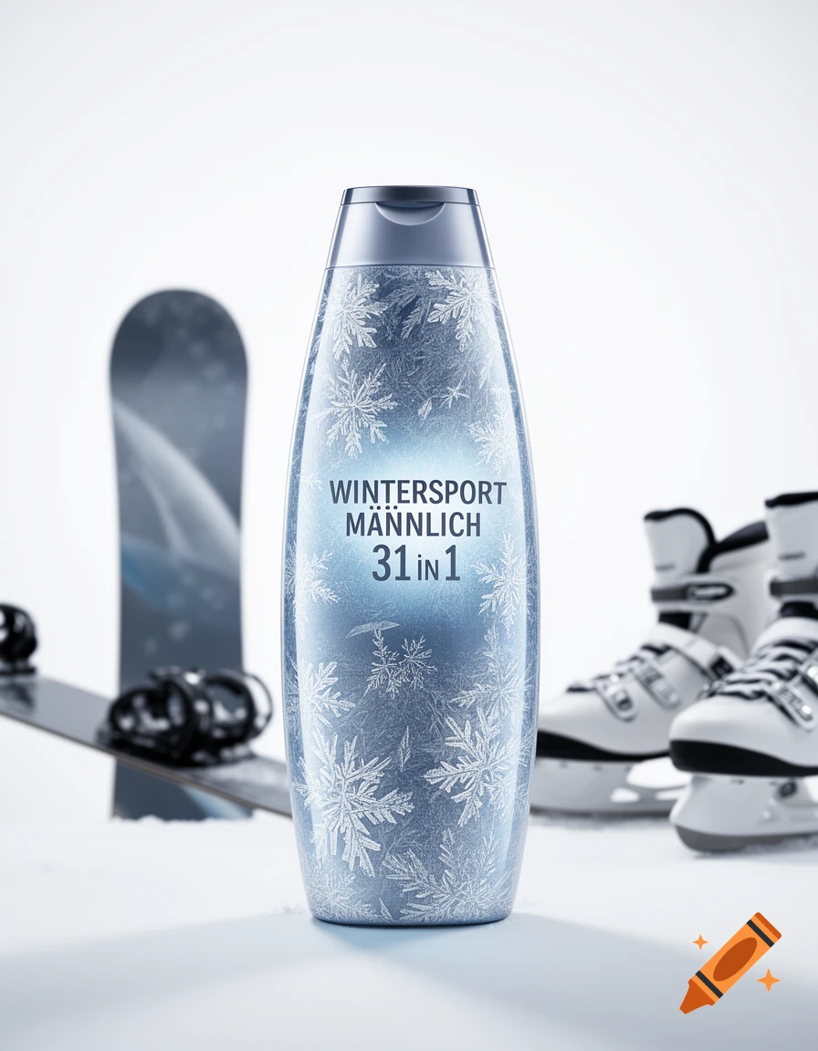 A photorealistic image of a frosted shampoo bottle with "WINTERSPORT MÄNNLICH 31 IN 1" text, surrounded by snow, a snowboard, and ice skates.