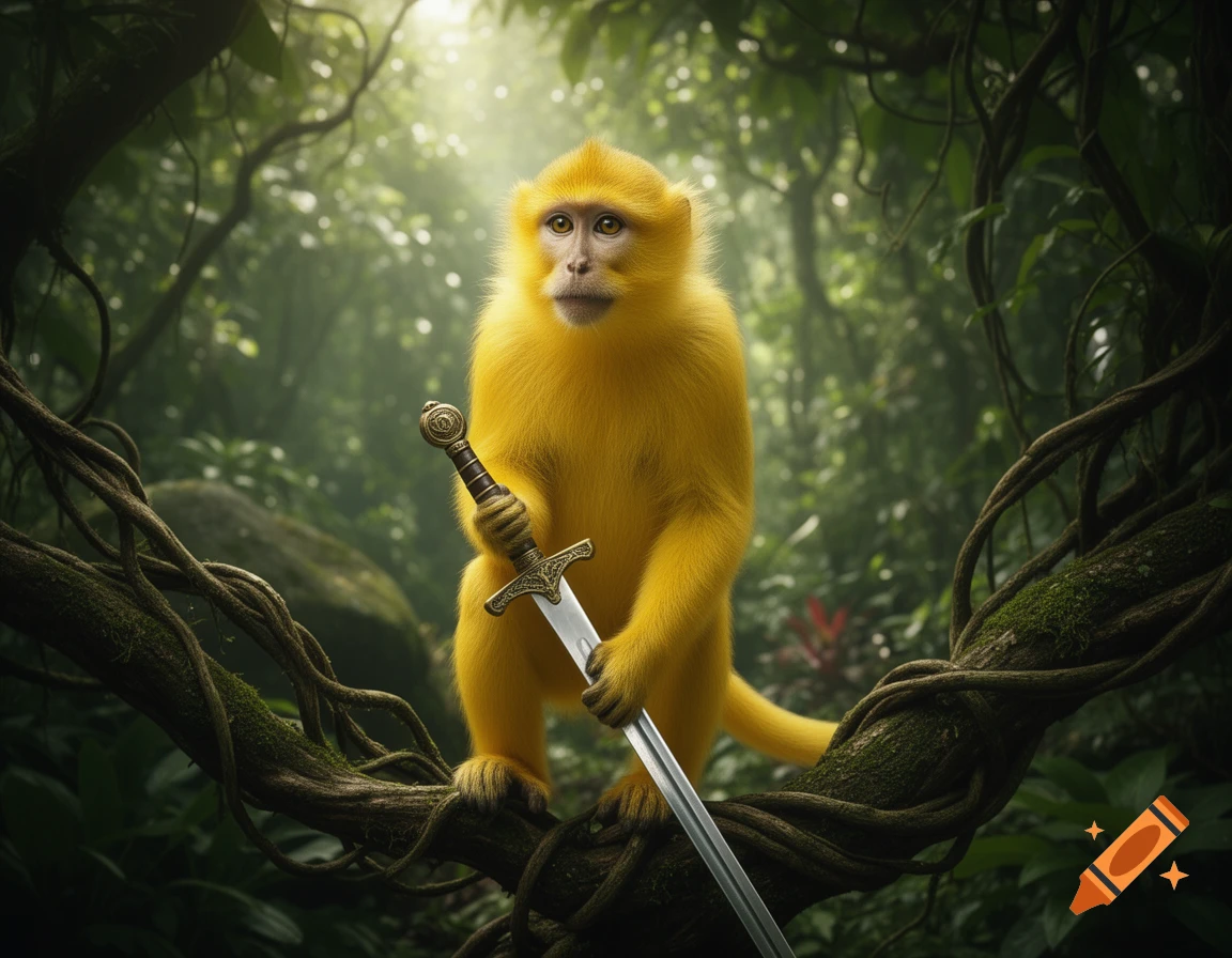 A vibrant yellow monkey holds a decorated sword while perched on a mossy tree branch in a lush, sunlit jungle.