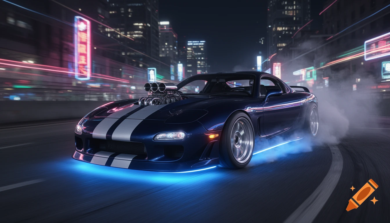 A dark blue sports car with white stripes, blue underglow, and a supercharger drifts at night on a city street with neon lights.