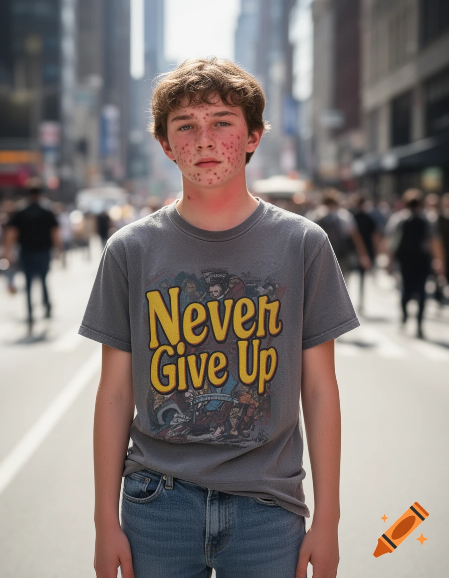 A photorealistic portrait of a young man with acne standing on a city street, wearing a grey t-shirt that says "Never Give Up".