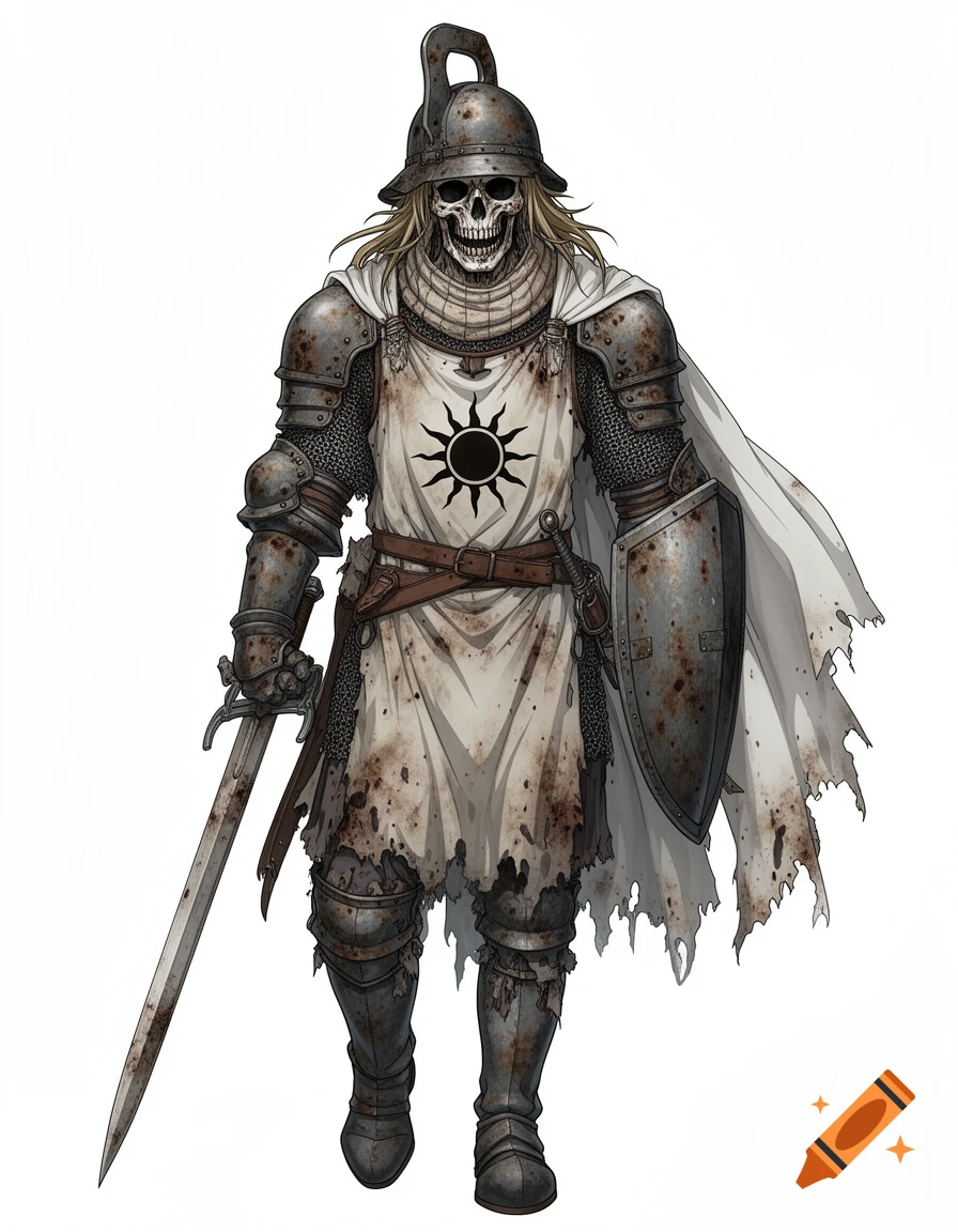 Anime undead knight with a skeletal face, rusty armor, tattered white tabard with a black sun emblem, wielding a sword and shield.
