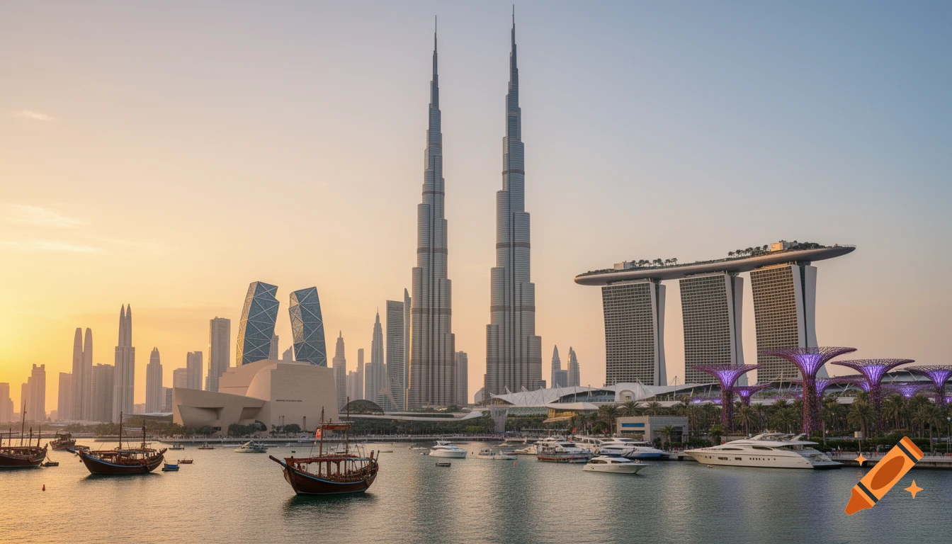 A mixed cityscape at sunset featuring iconic skyscrapers, a large hotel, futuristic buildings, and boats on the water.