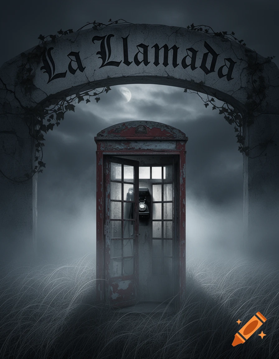 A vintage red phone booth under a gothic archway with 'La Llamada', amidst mist and tall grass under a moonlit sky.