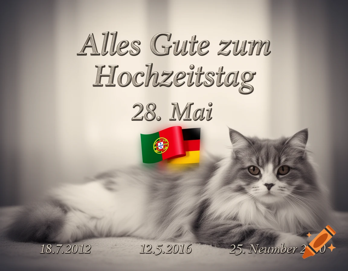 A fluffy grey and white cat lies down, with German text "Alles Gute zum Hochzeitstag 28. Mai" above. Below are dates "18.7.2012", "12.5.2016", and "25. Neumber 2000", and a merged Portuguese and German flag.