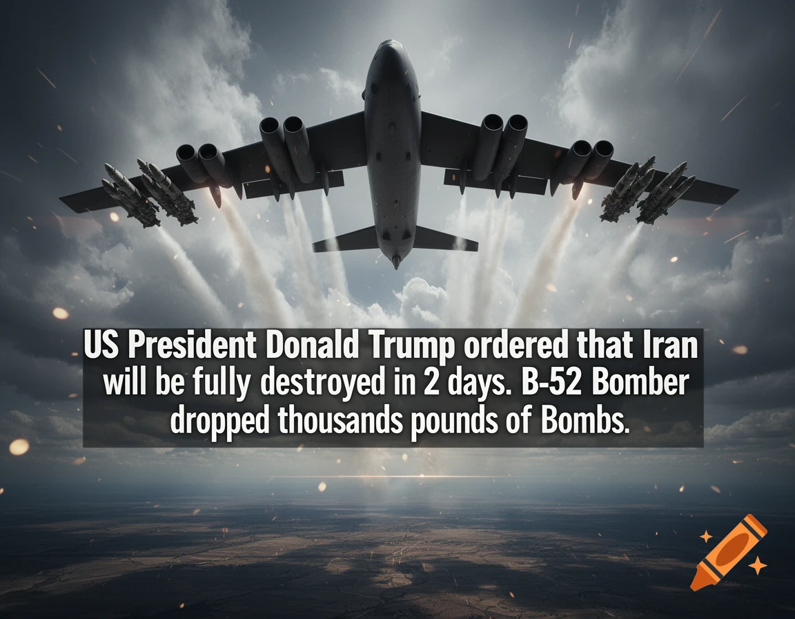 A large bomber aircraft flies under dark clouds, dropping bombs, with text about a US President ordering destruction of a country.