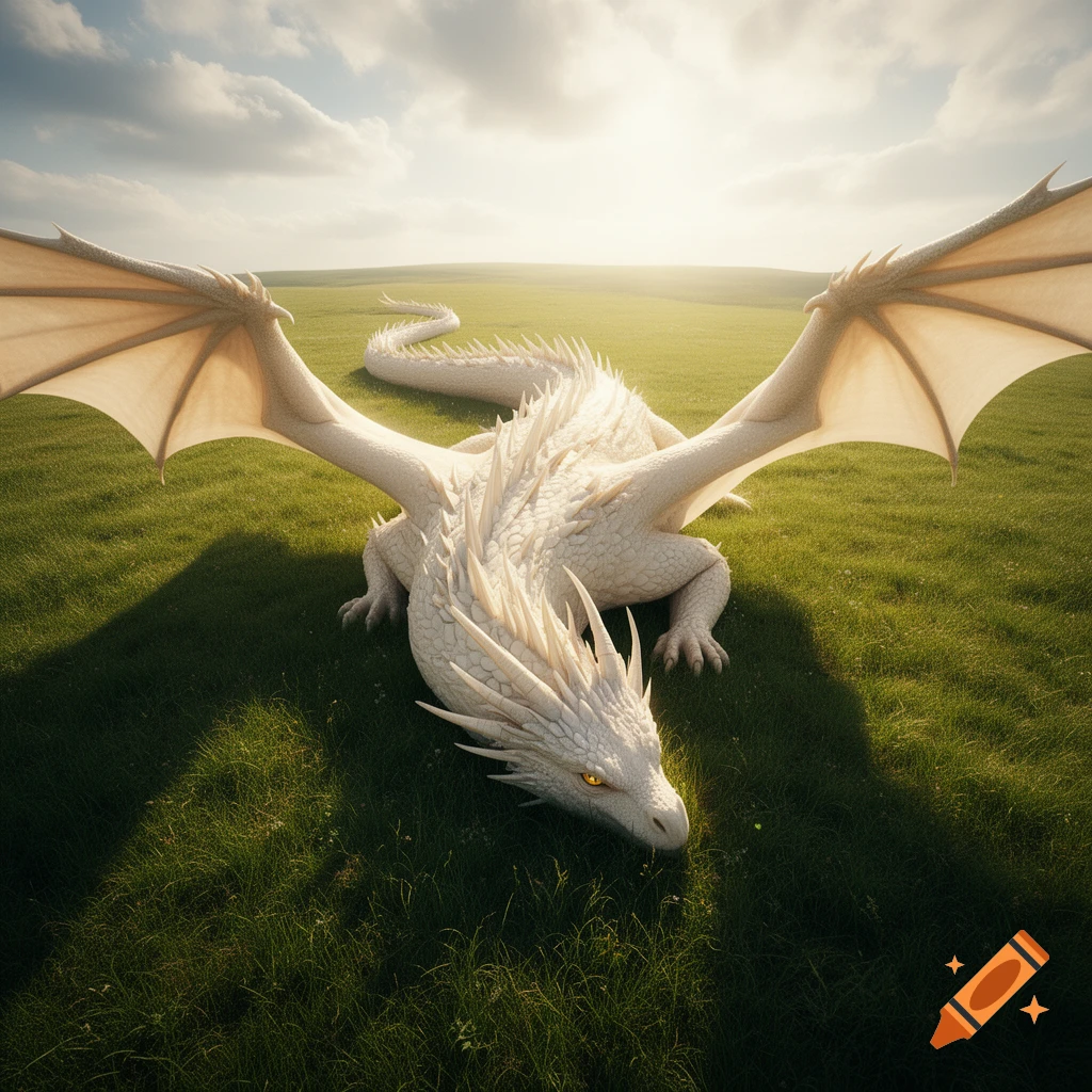 A majestic white dragon with golden eyes and many spines lies in a vibrant green field with its massive wings spread under a bright, cloudy sky.