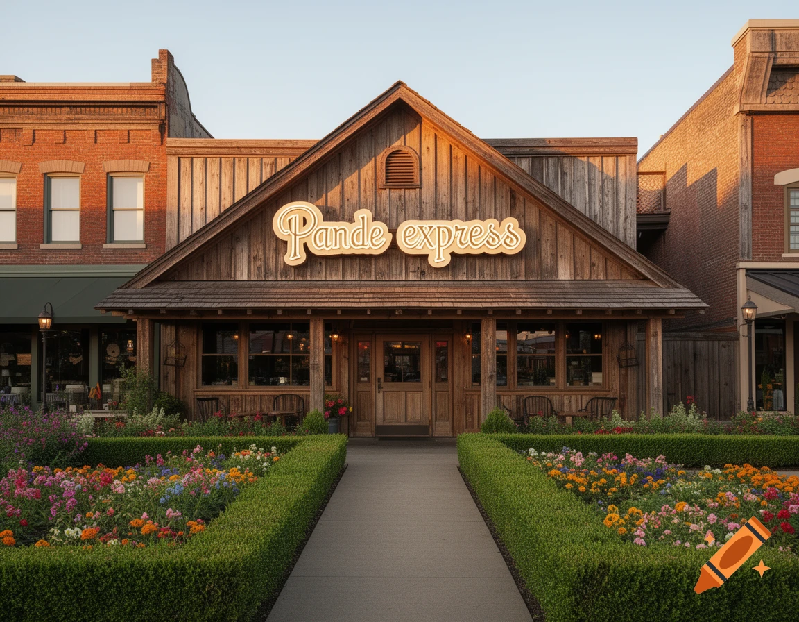 Photorealistic image of a rustic-style restaurant named "Pande express" with a wooden facade, fronted by colorful flower beds and manicured hedges, under a clear sky.