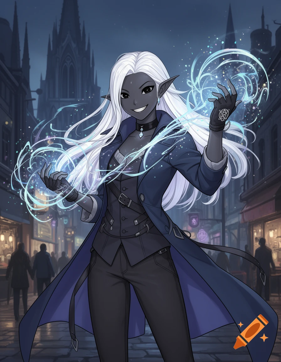 An anime-style Drow elf sorceress with white hair, obsidian skin, and a ...