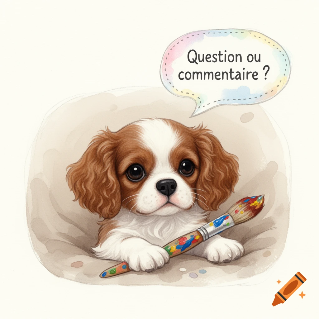 Cute Cavalier King Charles Spaniel puppy holding a paintbrush with a speech bubble, children's storybook illustration.