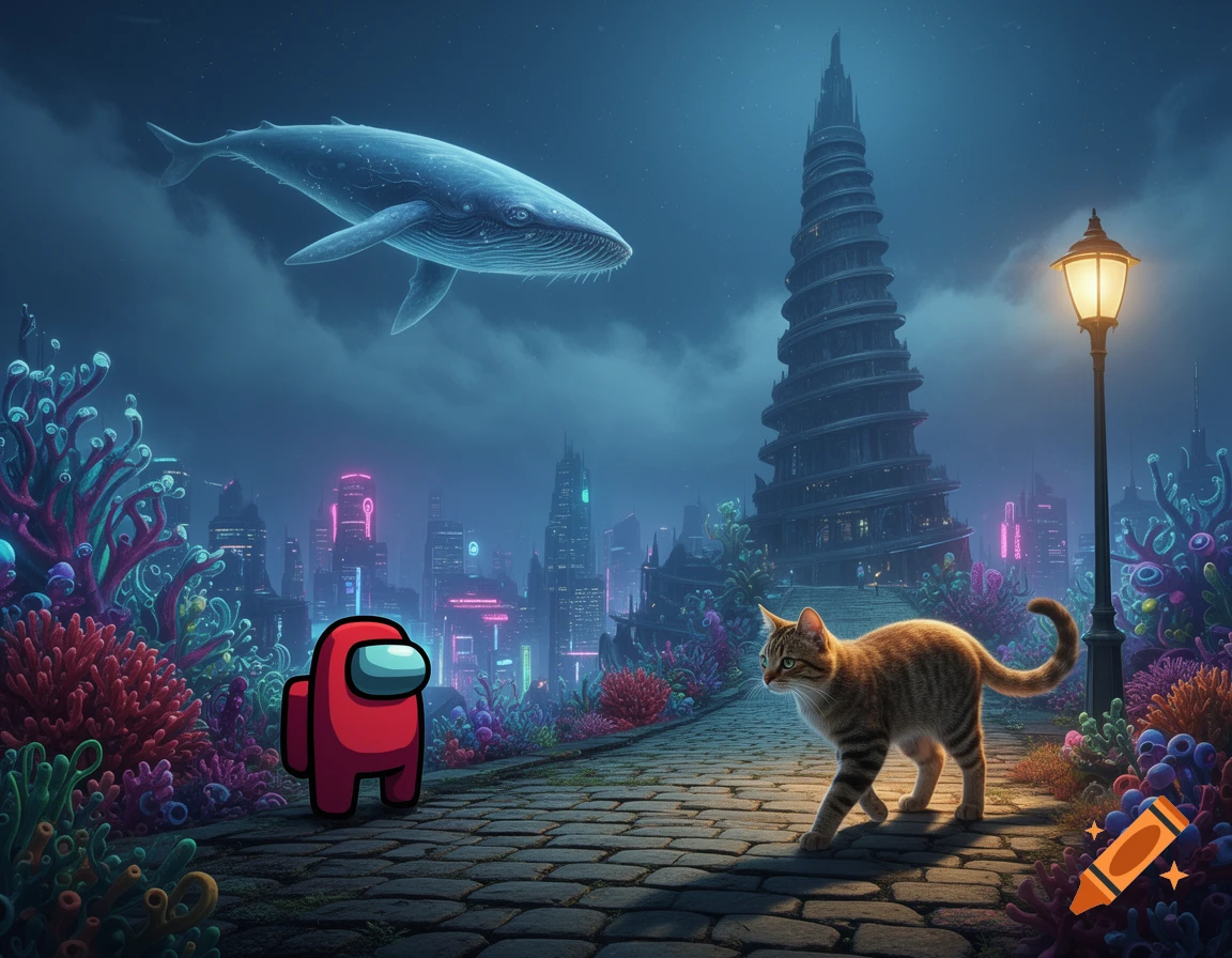 A cat and a red Among Us character on a path lined with glowing coral. A whale floats above a futuristic city with a spiral tower.