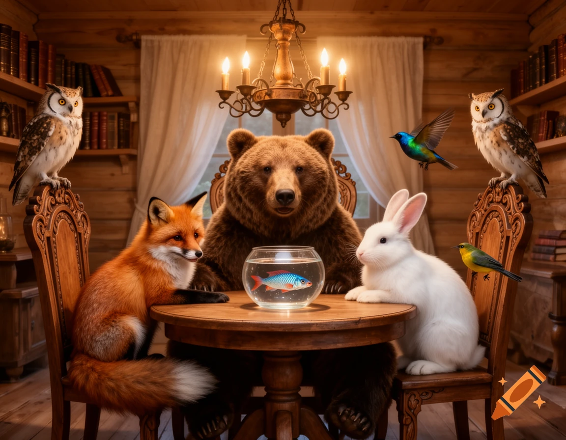 A photorealistic bear, fox, and rabbit sit at a wooden table with a goldfish bowl, while owls perch on chairs and birds fly in a cozy room.