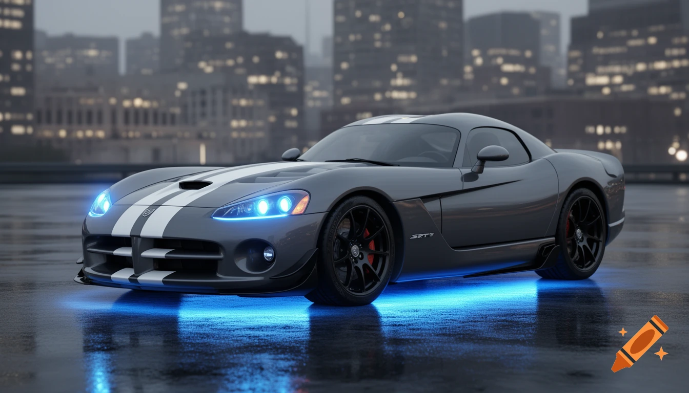 A dark gray Dodge Viper SRT10 Coupe with white stripes, neon blue headlights, and underglow on a wet surface in a city.