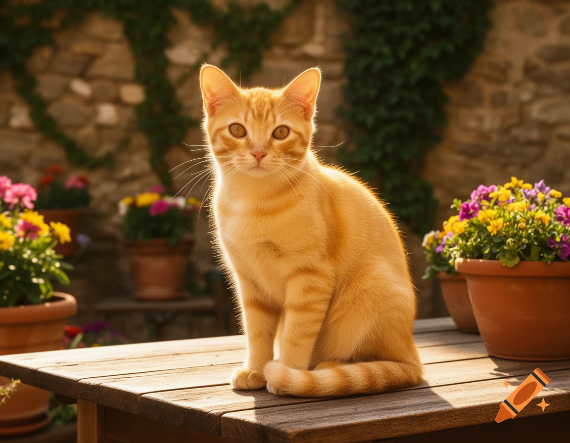 A ginger tabby cat sits on a wooden table in warm sunlight, with potted colorful flowers and a stone wall in the background.