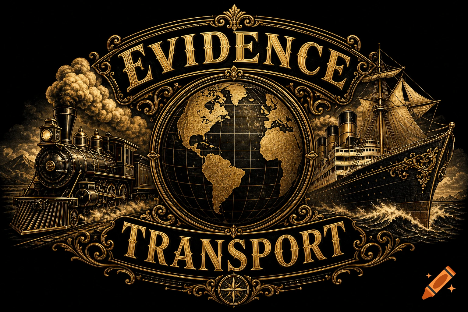 An ornate gold and black vintage-style logo featuring a globe, an 1800s train, and a luxury liner ship, with the words 'EVIDENCE' and 'TRANSPORT'.
