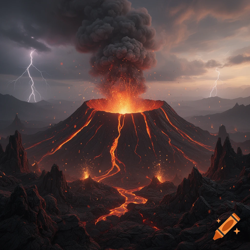 Dramatic volcanic eruption with bright orange lava flowing, dark smoke plume, and lightning strikes in a stormy sky.