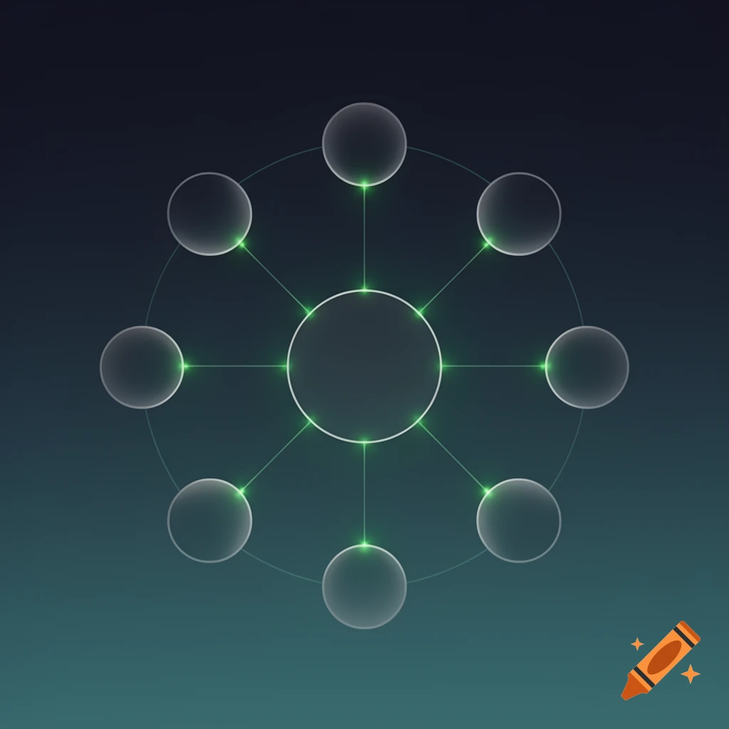 An abstract diagram featuring a central circle connected to eight outer circles by glowing green lines on a dark gradient background.