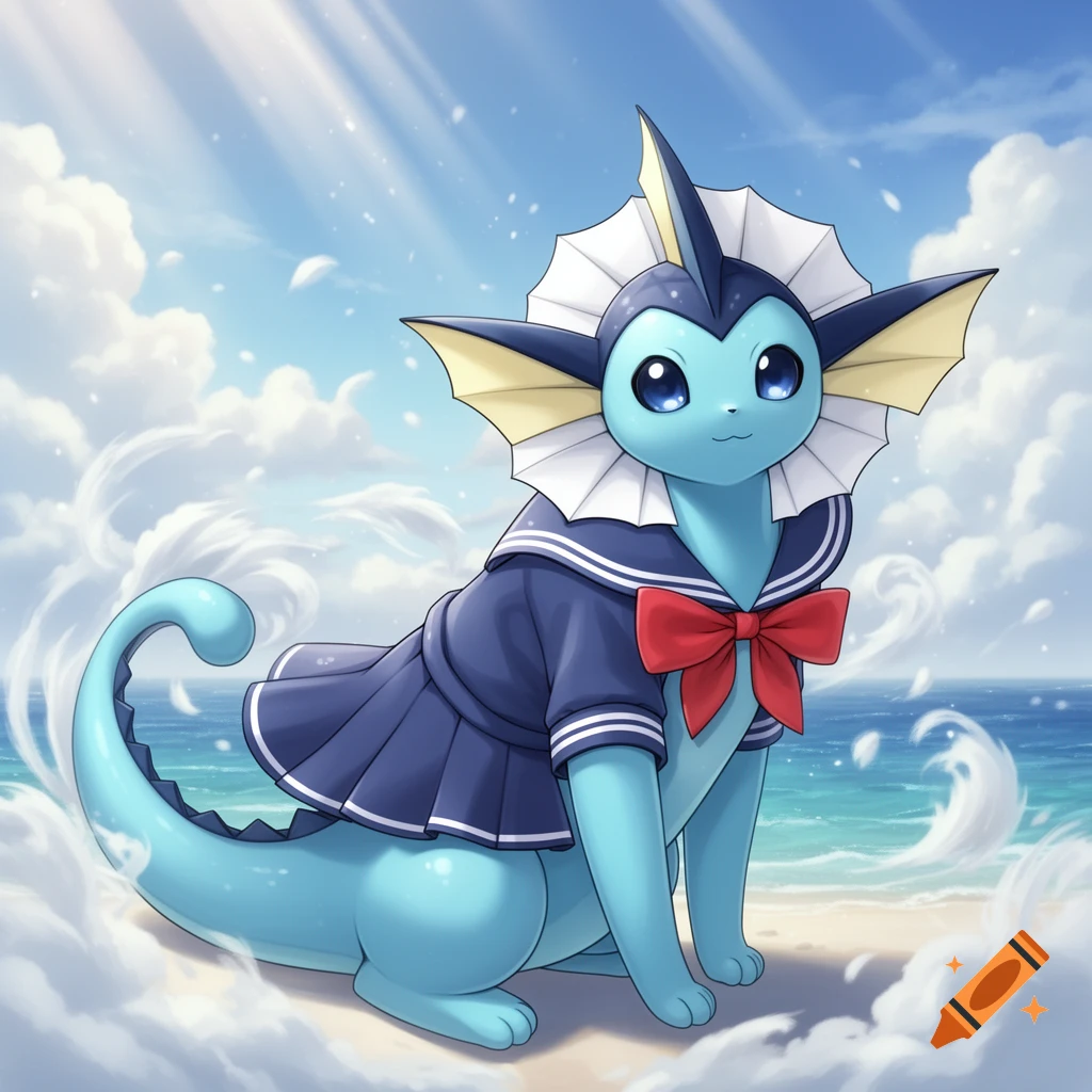 A blue Vaporeon from Pok emon wears a navy blue sailor suit with a red bow, sitting on a sandy beach under a blue sky with clouds.