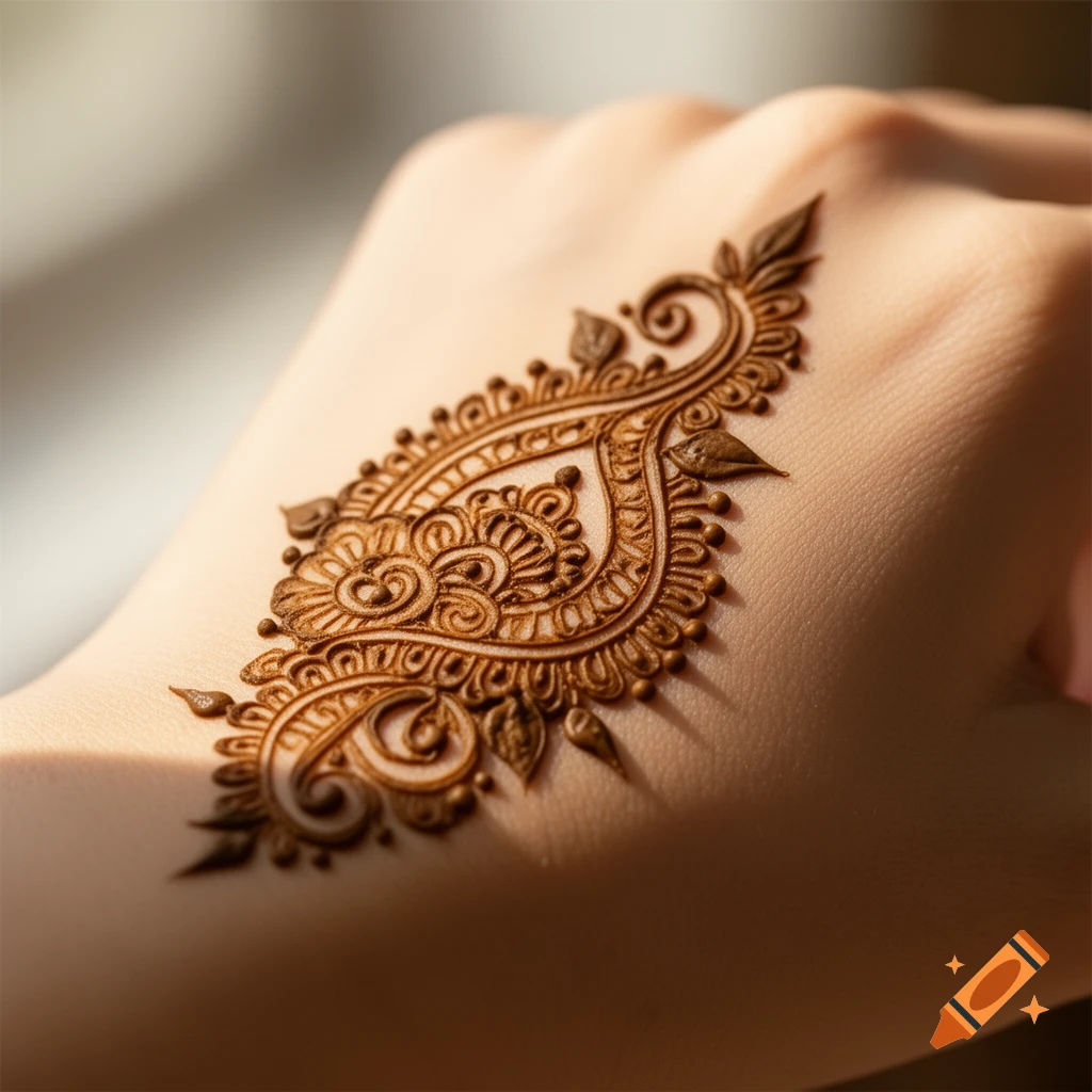 Close-up of a person's hand featuring an intricate brown henna design.