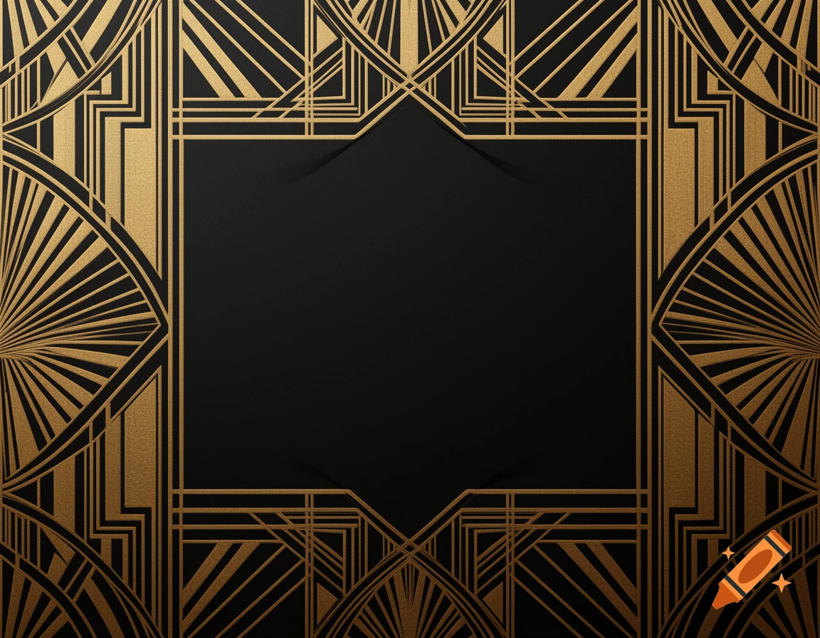 A black background with an ornate gold Art Deco border pattern.