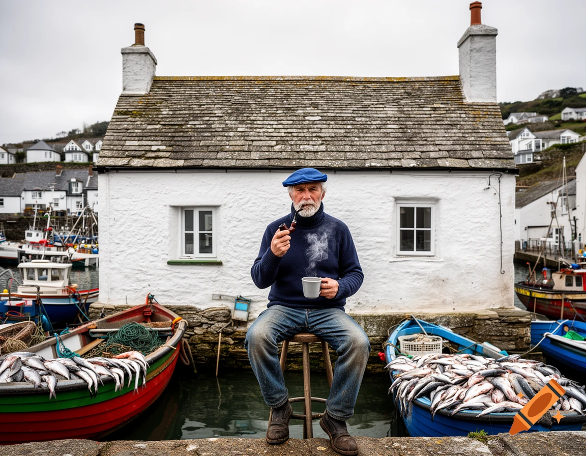 Elderly fisherman with a pipe and tea sits by a white cottage, flanked by boats laden with fish in a bustling harbor.