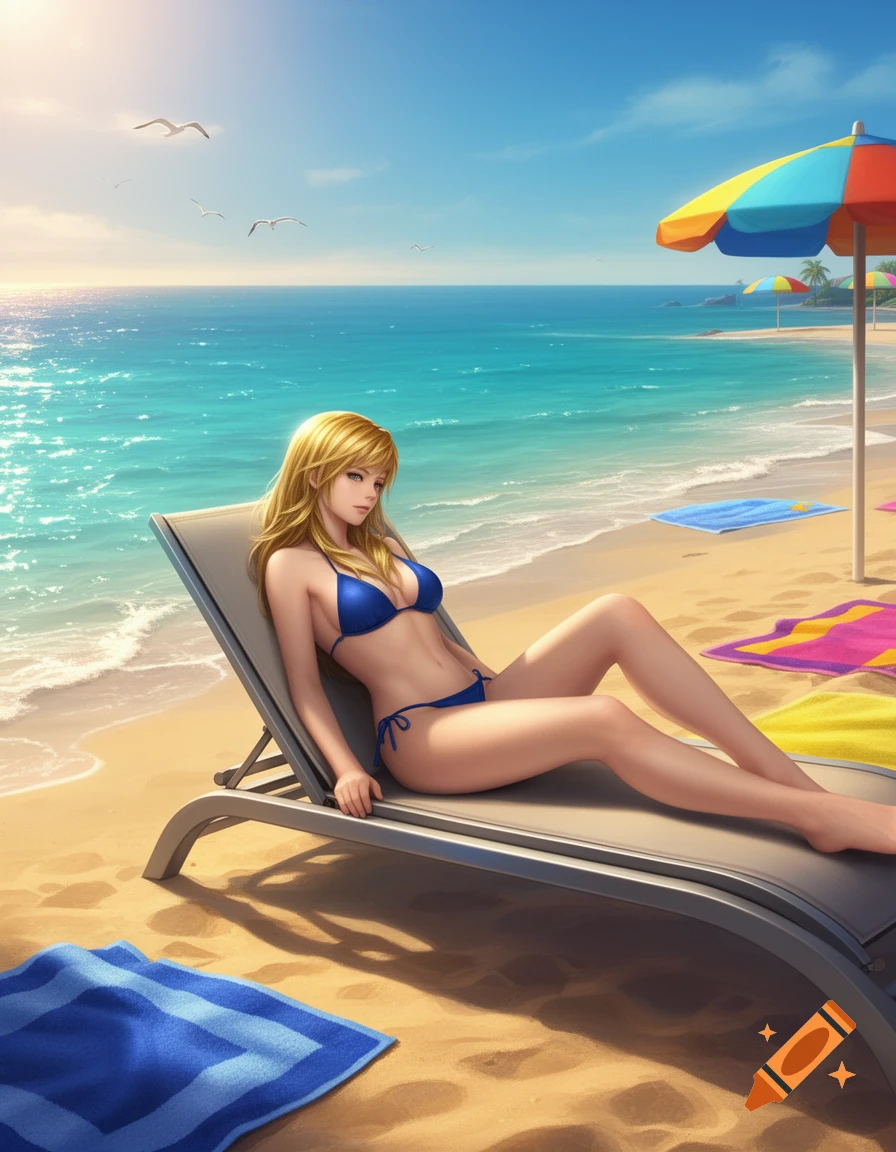 A blonde woman in a blue bikini relaxes on a lounge chair on a sunny beach with the ocean and a colorful umbrella, anime art style.
